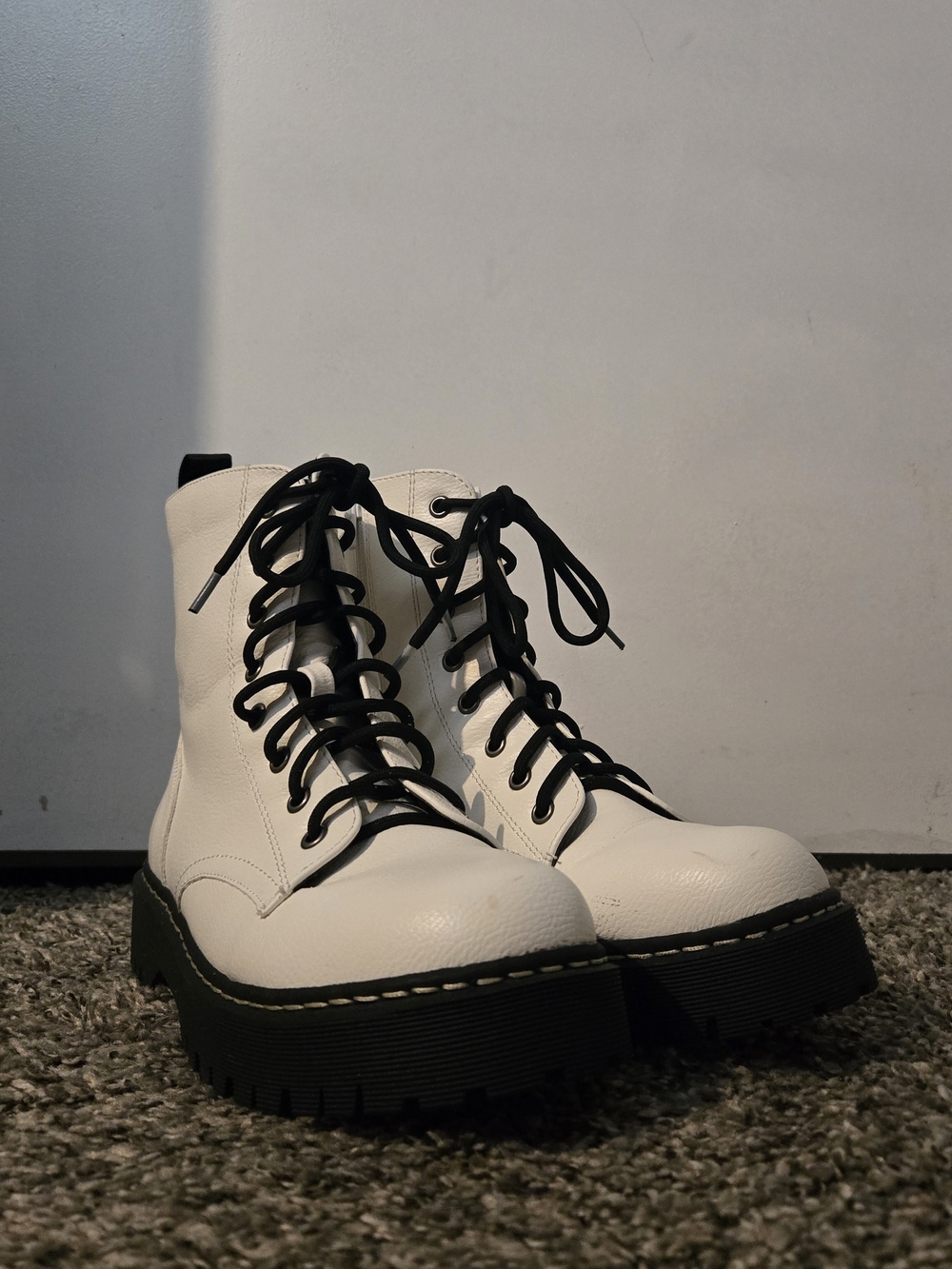 White Combat Platform Boots with Black Laces - Women's